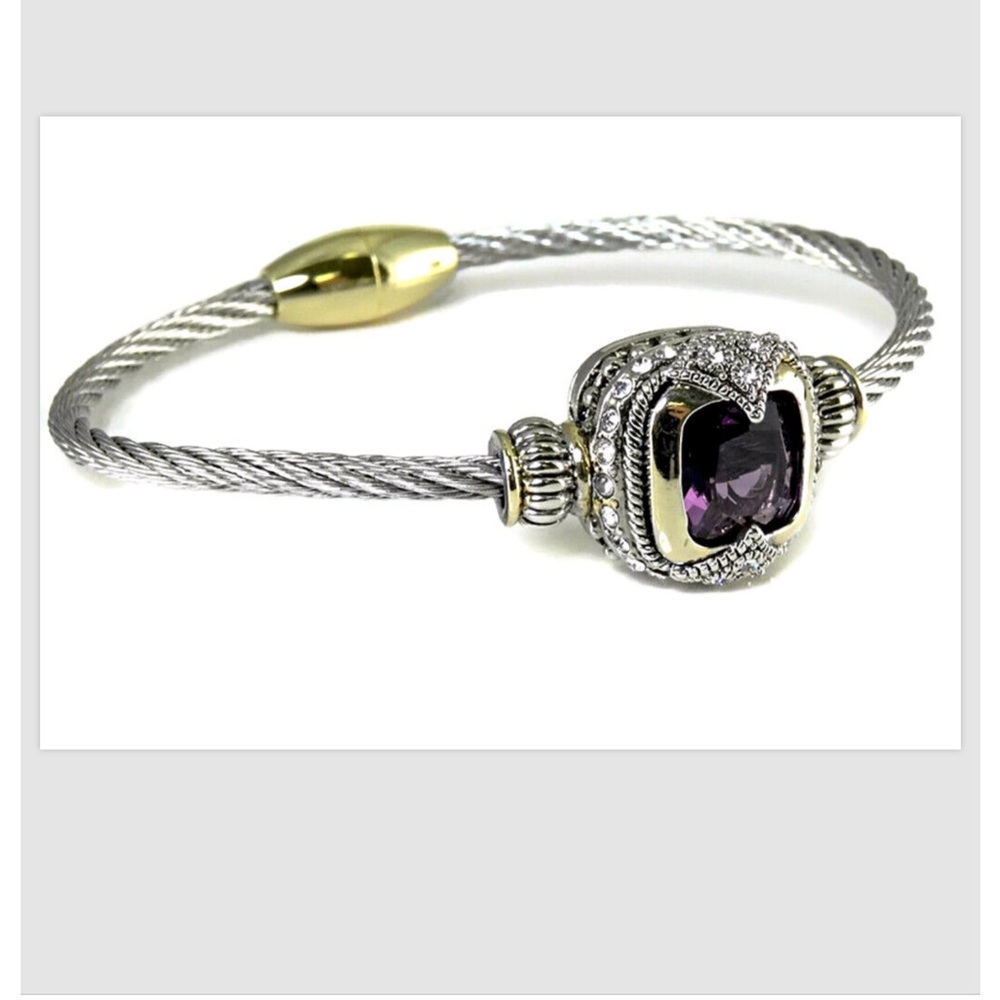 Elegant Silver and Gold Bracelet with Purple Stone